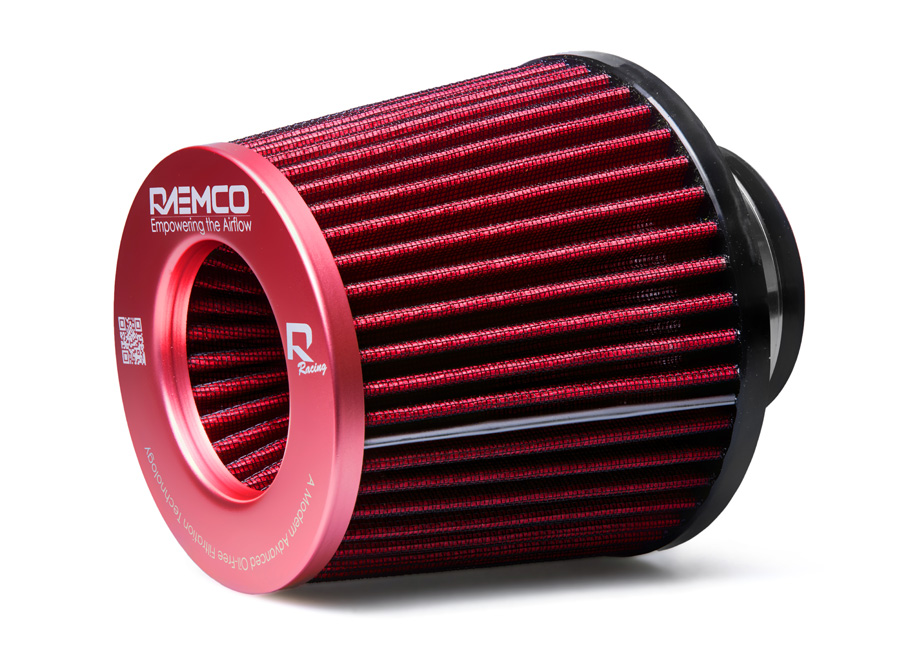 Raemco univerzální vzduchový filtr o délce 130 mm se vstupem 77 mm s možností redukce na 70 nebo 63 mm, barva červená