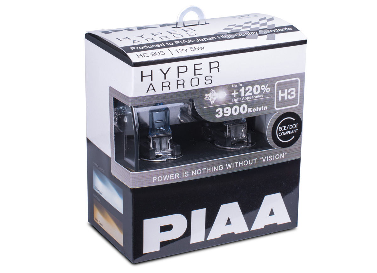 Autožárovky PIAA Hyper Arros 3900K H3 - o 120 % vyšší svítivost, zvýšený jas