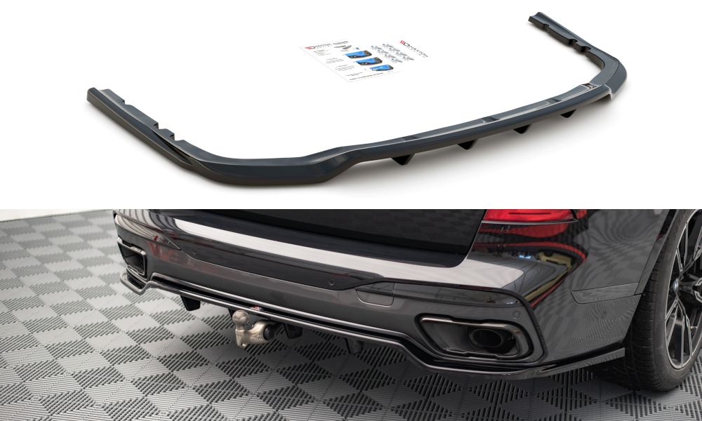 Fotografie Maxton Design středový spoiler pod zadní nárazník s žebrováním pro BMW X7 G07, černý lesklý plast ABS