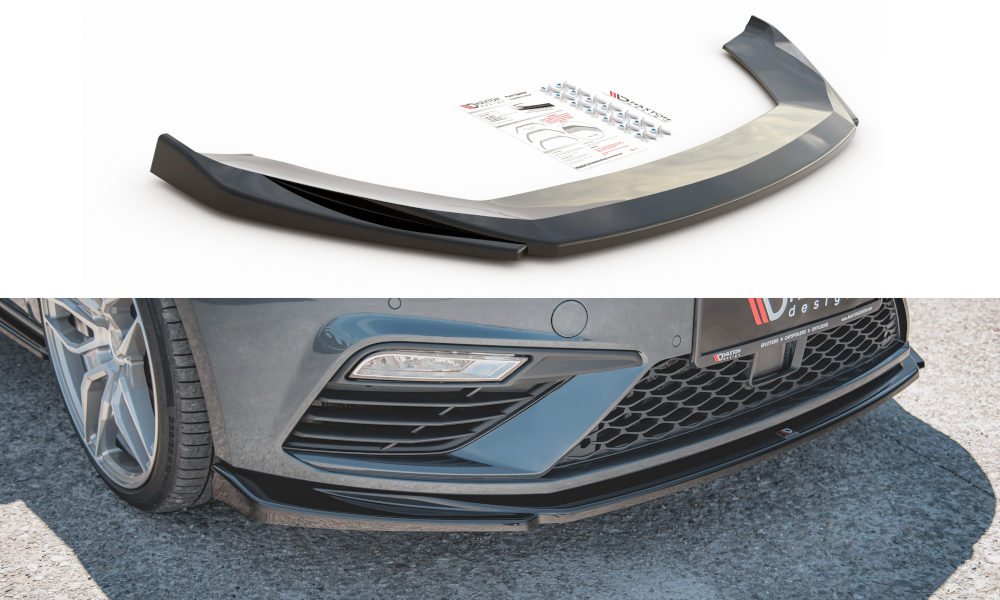 Fotografie Maxton Design spoiler pod přední nárazník ver.5 pro Seat Leon Cupra Mk3 Facelift, černý lesklý plast ABS