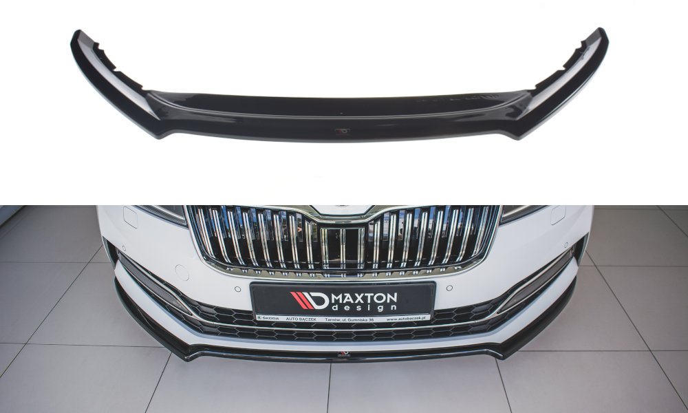 Fotografie Maxton Design spoiler pod přední nárazník ver.1 pro Škoda Superb Mk3 FL Facelift, černý lesklý plast ABS