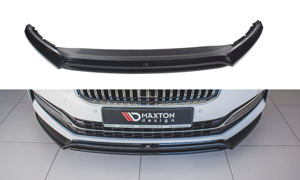 Fotografie Maxton Design spoiler pod přední nárazník ver.3 pro Škoda Superb Mk3 FL Facelift, černý lesklý plast ABS