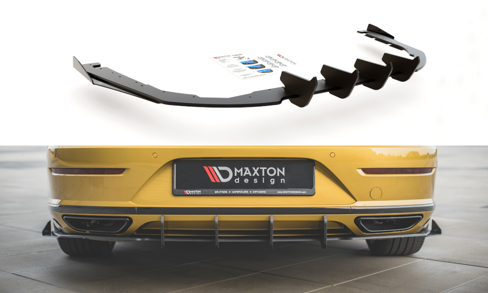 Maxton Design "Racing durability" vložka zadního nárazníku s křidélky pro Volkswagen Arteon, černý lesklý plast ABS s červenou linkou