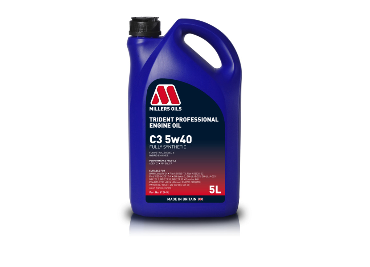 Plně syntetický motorový olej Millers Oils Trident Professional C3 5W-40 5l vhodný pro moderní benzínové, naftové a hybridní motory