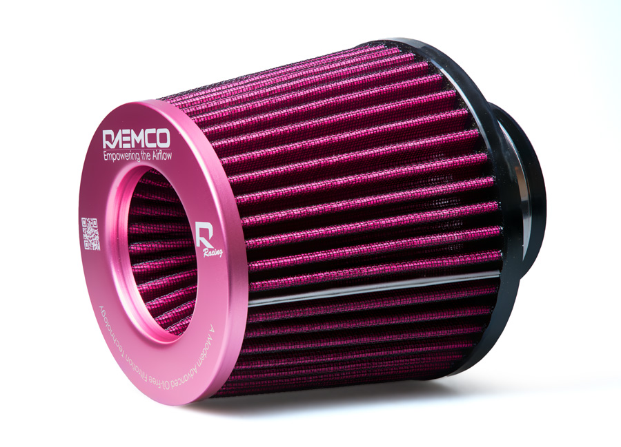 Raemco univerzální vzduchový filtr o délce 130 mm se vstupem 77 mm s možností redukce na 70 nebo 63 mm, barva růžová